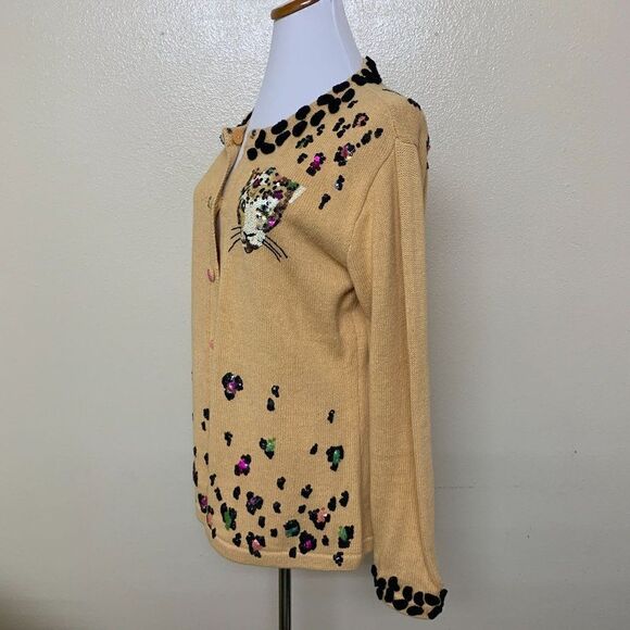 Storybook Knit Embellished Sequined Cheetah Cardigan Small Tan - Picture 4 of 13